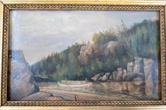 Antique Hudson River School Style Landscape Painting of Canal River Canalboat