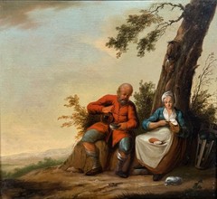 Antique Landscape Oil Painting Man Woman Peasants Wine Dutch Old Master 17th C.