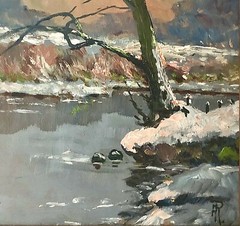 Original Signed O/B „FR“ Monogram 20th c Landscape Painting Tree at River Bank