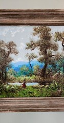 FRAMED SIGNED ANTIQUE OIL PAINTING LADY TENDING HER SHEEP IN A FIELD WITH TREES