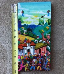 Minature Folk Peruvian Painting On Stretched Animal Hide. Bright Mid Century Mod