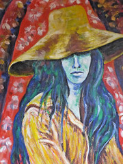 Blue Bohemian Lady Original Oil Painting N Schuler 1973 Yellow Hat Mid Century