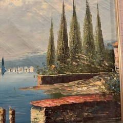 Vintage Mid 20th Century Italian Harbor Scene Gold Framed Oil on Canvas Signed