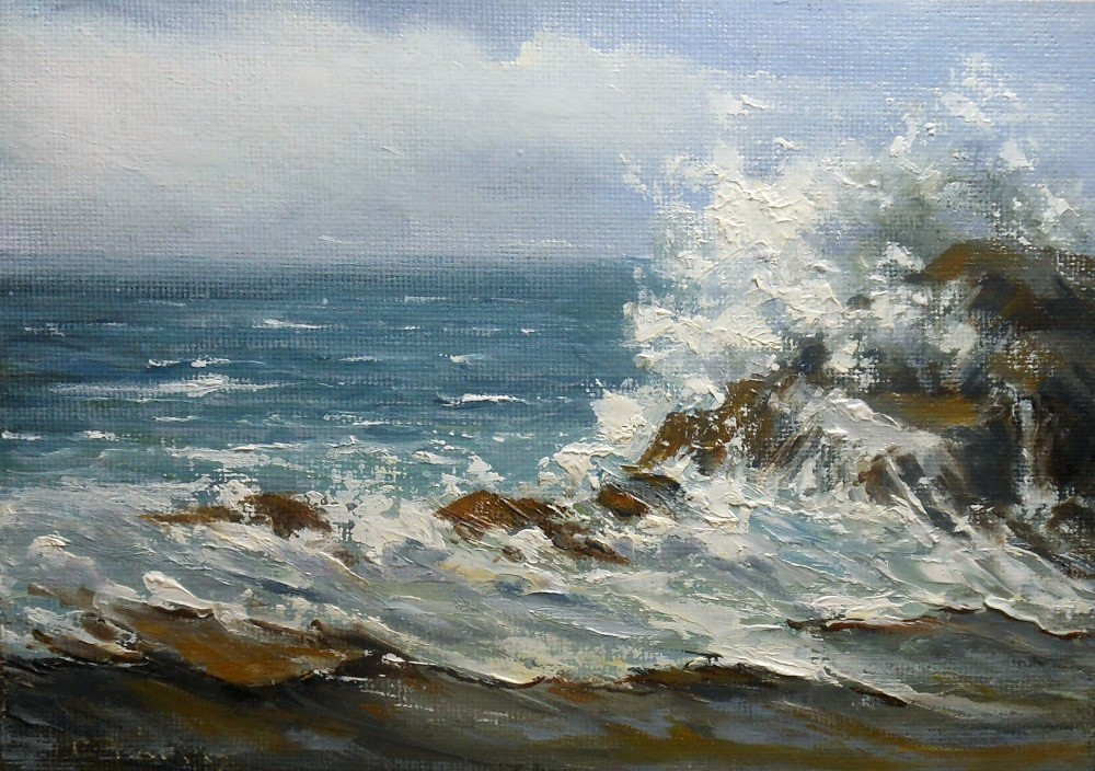 Heavy Seas, 5×7 original oil painting by Maine Artist Celene Farris, stormy sea
