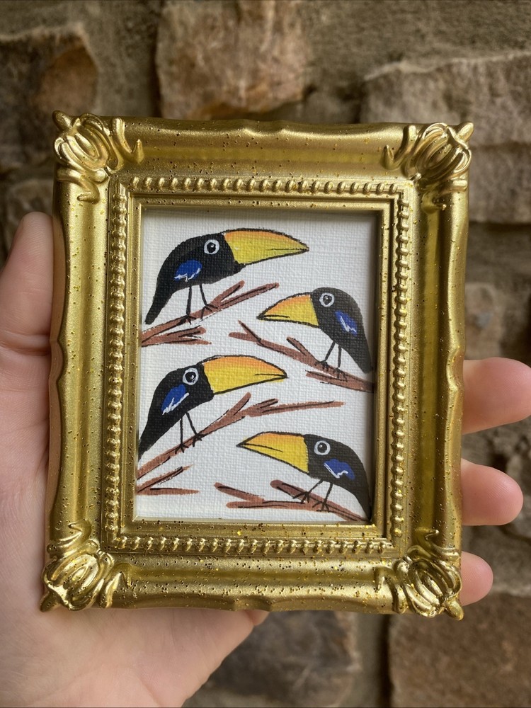 Whimsical Funny Birds Crows cute, Original Painting,framed,miniature,small,mini