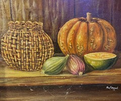 Artist Signed Original Art Oil Painting Country Still Life Pumpkin Onions Fruit