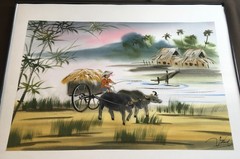 Signed Silk Painting Southeast Asian Village Scene – Water Buffalo Cart – Framed