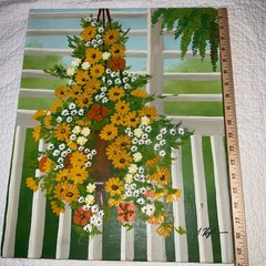 70s flower floral oil painting original signed hanging basket of flowers