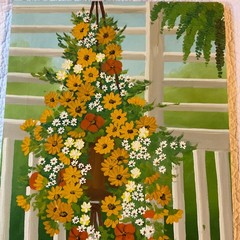 70s flower floral oil painting original signed hanging basket of flowers