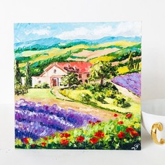 Original Impasto Artwork 8×8 Italy Painting Tuscany Landscape Lavender Wall Art