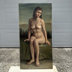 Stunning Very Large Original Antique Oil Painting Canvas On Board Woman Nudes