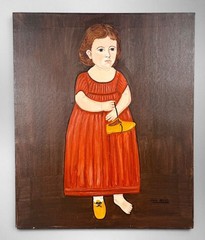 Ann Reid Folk Art Portrait Painting Girl One Shoe Off Americana Style