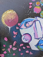 abstract space painting mixed media acrylic glitter planets face