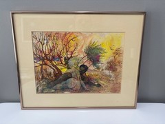 16.5”x13″ Framed Mixed Media Painting, signed of a Embrace in Stormy Landscape