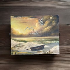 Vntg Original 1970’s Seascape Oil Painting Seagulls Birds Boat Beach 16” X 20”