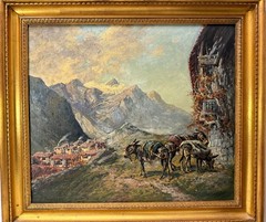 Vintage original Wolfang Pogzeba donkey mountain oil painting on board landscape