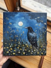 Raven Original Oil Painting Black Crow painting Crow Wall Art Bird Impasto Art