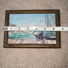Antique Oil on Board Painting – New England Maritime Shore Fisherman on Dock