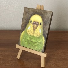 KaoruArtGallery, Budgie, Oil Painting 4x3in, Parakeet, Stand Set