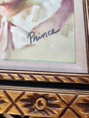 Lg 1950’s Clown Painting Oil on Canvas Wood Frame Signed Prince 27×23 (16×20)