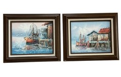 2 Oil Paintings by Florence Sailing Harbor Ocean Dripping Dock Hand Painted Orig