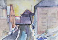 Peter Berndt 1937-2021 Berlin / Aquarell ~1990 / Dorfstraße Winter Brandenburg