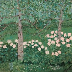 Art Study Birch Trees and Pink and White Peony Painting Garden Landscape