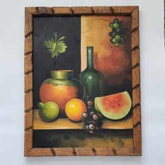 Vintage Still Life Oil Painting Original Fruit Wine Bottle Carved Wood Frame MCM