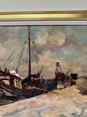 Antique Painting 1910’s Impressionist Coast Beach Industrial Boat Dock Listed