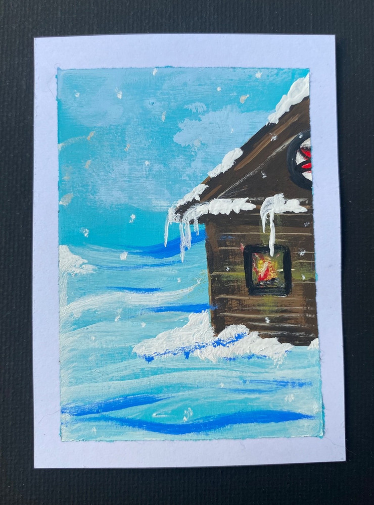 ACEO* Snowy Winter Cabin Painting 2.5×3.5 “Warm” by Cynthia Stephens