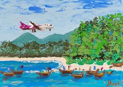 Airplane Painting Beach Boats Original Art Tropical Seascape Sky Coastal Artwork
