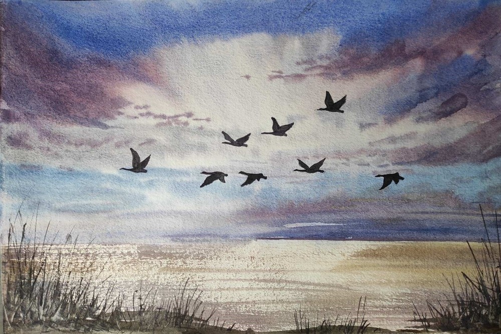 DUCKS FLYING Original Modern Artwork Painting Landscape GEESE FLYING Art Gift A4