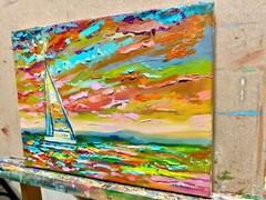 ORIGINAL oil painting Sailboat Ocean seascape marine art nautical artwork 9×12″