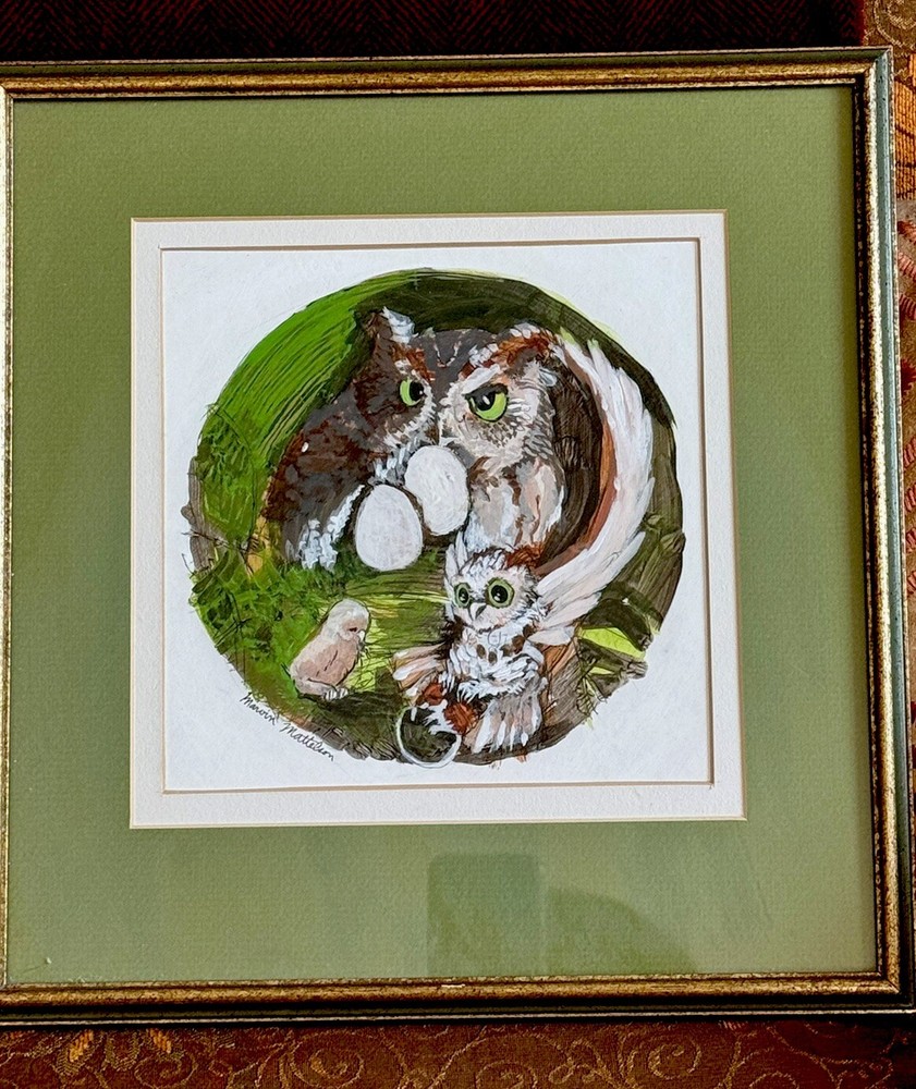 Painting OWL FAMILY by Marvin Mattelson, Frames And Matted 23”x 24.5”, Signed