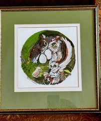 Painting OWL FAMILY by Marvin Mattelson, Frames And Matted 23”x 24.5”, Signed