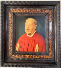 Antique 19thC Oil Painting on Wood After Jan Van Eyck Cardinal Portrait Framed