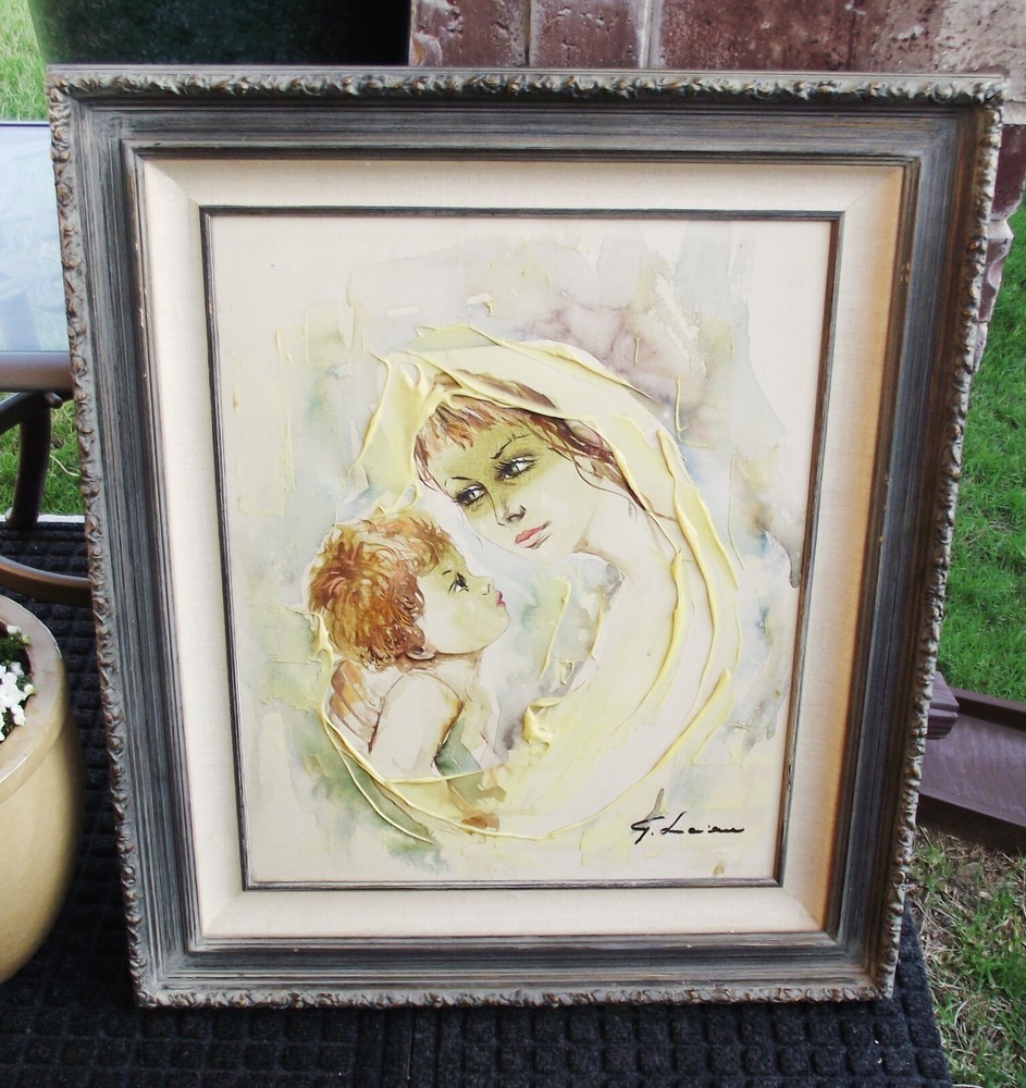 VINTAGE G. LUCIANA ORIGINAL OIL PAINTING MOTHER & CHILD WOOD FRAME CERTIFICATE