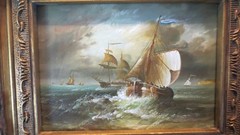 19th or early 20th Century ORIGINAL European OIL on board, Ships at Sea