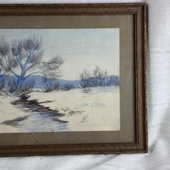 Antique Original Winter Landscape Watercolor Signed Carolyn Timpte @1912