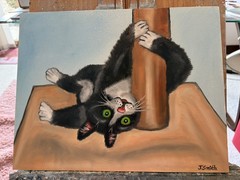 Original oil painting New 11 x 14 inches cute and sweet black cat having fun!!