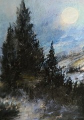 Original Forest Full Moon Pastel Painting 4×6″