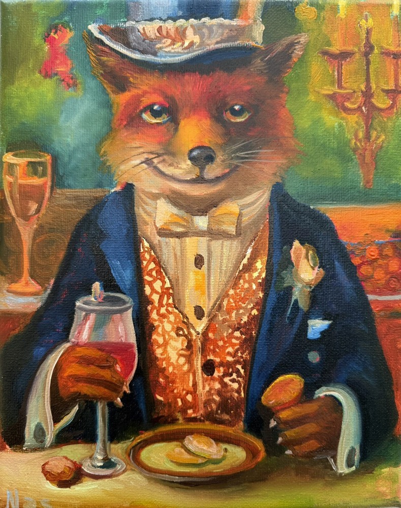 Original Painting oil, Fox in Tuxedo,8×10 inch, Wall Art Decor, Home Gift,Signed