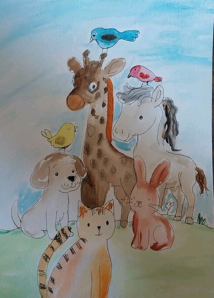 GAT ORIGINAL Painting WATERCOLOR Painting Giraffee Horse Cat Dog Bunny Bird Art