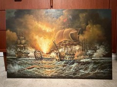 Naval Battle Tall Ships Armada Oil Painting Canvas 24×36 Signed G. Nelson