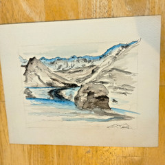 Original ink & watercolor on paper. River/Rock/Glacier Landscape. 8″x10″
