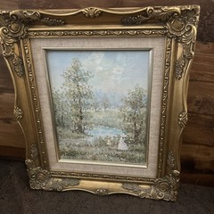 CANVAS OIL PAINTING Sign J. MOREAU CHALK PAINT FRAME WOMAN CHILD By The Lake