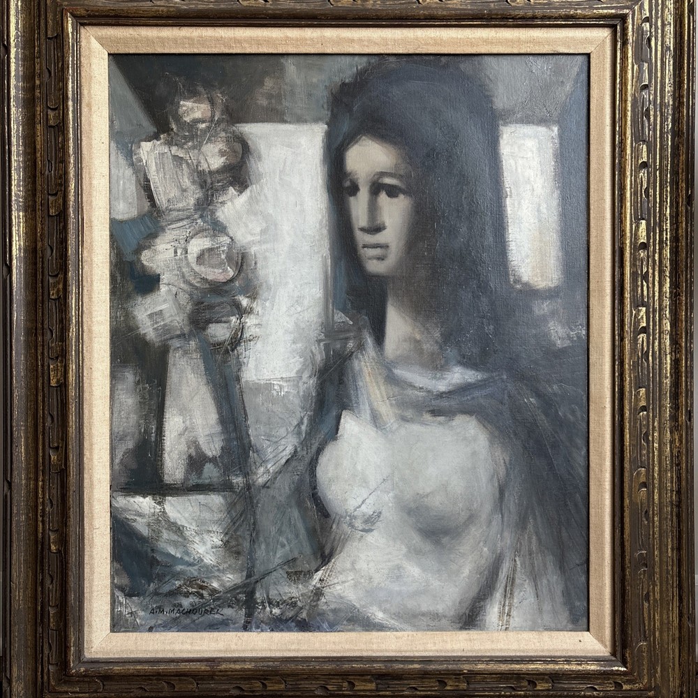 Antonin Marek Machourek Signed Abstarct Figure Oil Painting Monochrome 21”x25”