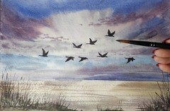 DUCKS FLYING Original Modern Artwork Painting Landscape GEESE FLYING Art Gift A4