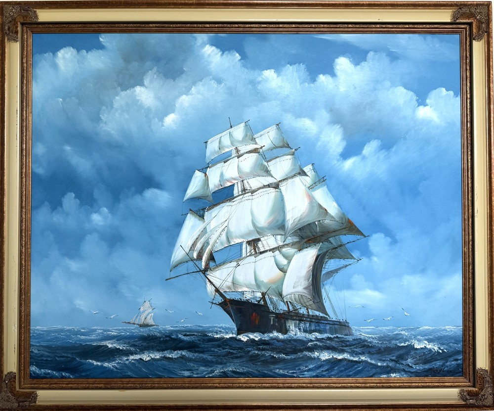 Large Vintage Oil Painting Sailing Ship Seascape Signed Maritime Ocean Art