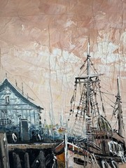 VTG Oil Painting Harbor Scene w/ Fishing Boats Framed Dockside Coast MCM Signed